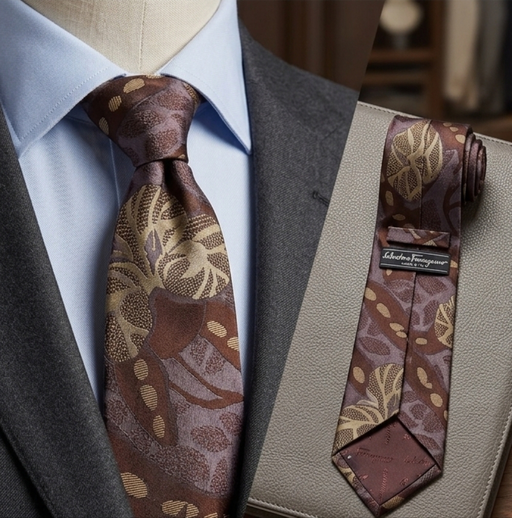 [San Babila MILANO] Luxurious 100% SILK Gold & Burgandy 3" Standard Mens Tie